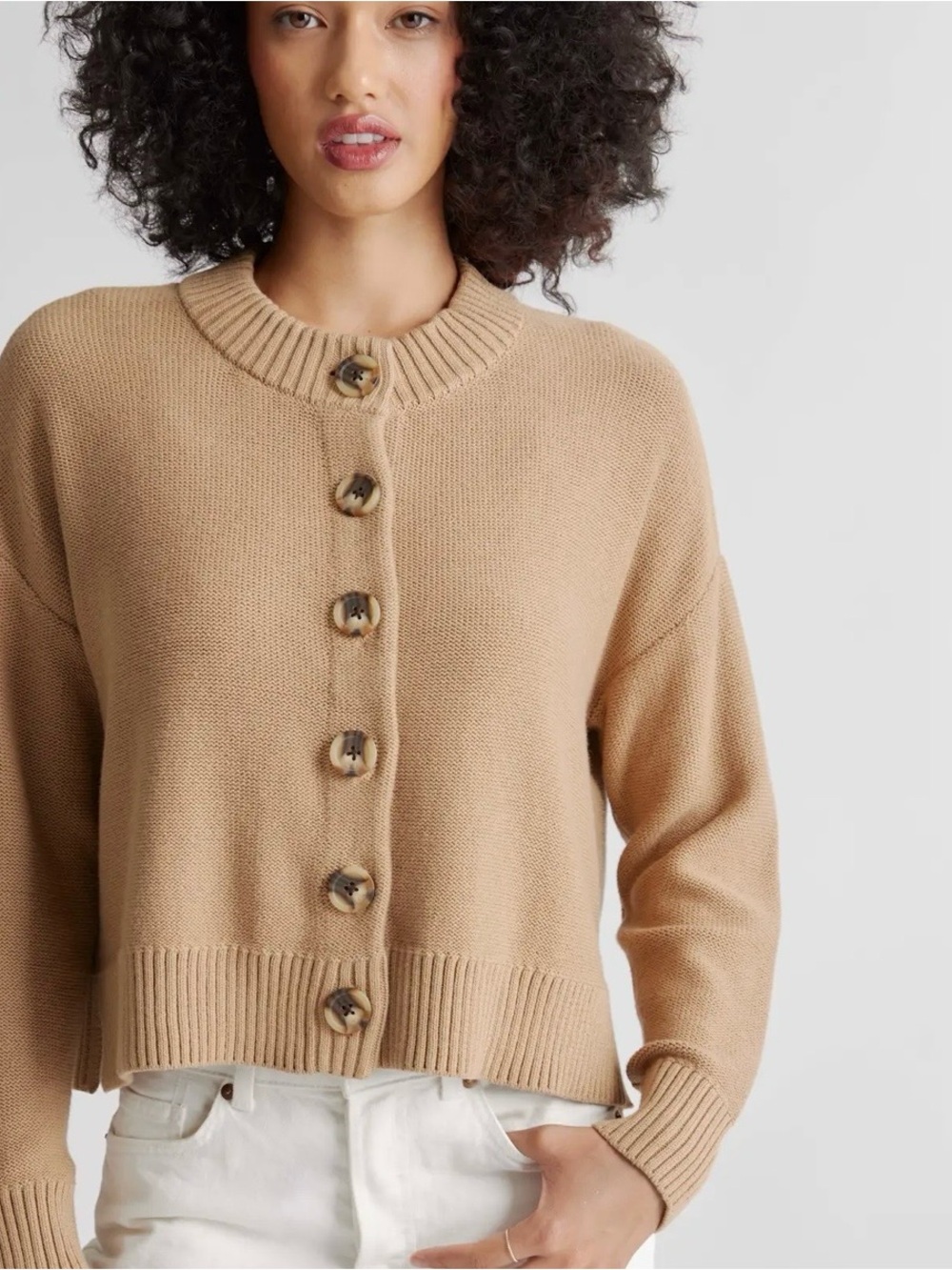 Quince 100% Organic Cotton Cropped Cardigan Beige Button Front Large
